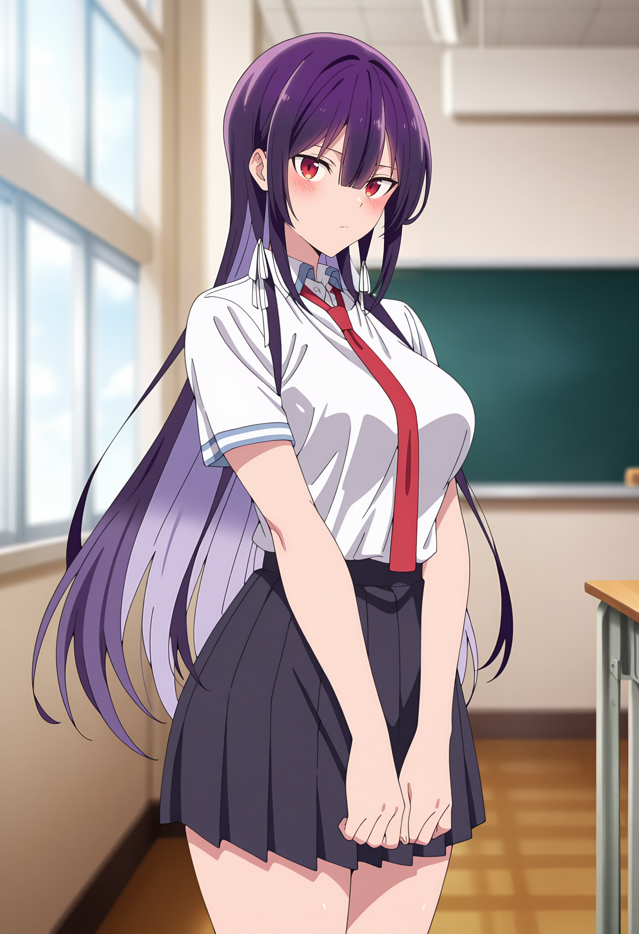 anime screencap, masterpiece, best quality,
<lora:HaiteKudasaiTakamineSan_TakamineTakane_IlluXL:0.9>,
1girl, solo, closed mouth, blush,
blunt bangs, hair between eyes, long hair, purple hair, red eyes, hair ribbon, white ribbon,
white shirt, red necktie, short sleeves, pleated skirt, black skirt,
standing, looking at viewer, cowboy shot,
classroom, photo background, blurry background