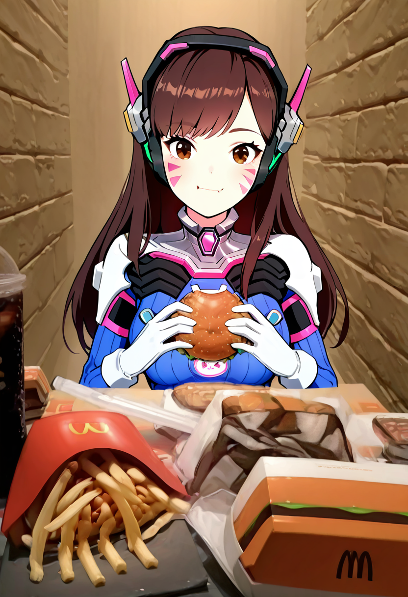 masterpiece, best quality, 1girl, solo, eyelashes, (beautiful eyes),    McD4t3,  long hair, breasts, looking at viewer, smile, bangs, brown hair, gloves, long sleeves, holding, brown eyes, medium breasts, sitting, closed mouth, upper body, white gloves, signature, bodysuit, swept bangs, headphones, facial mark, eating, table, holding food, animal print, high collar, pilot suit, whisker markings, facepaint, shoulder pads, brick wall, burger, bunny print, french fries, pov across table, d.va (overwatch),  ,<lora:McDate_with_2D_Waifu_IXL:1.0>,