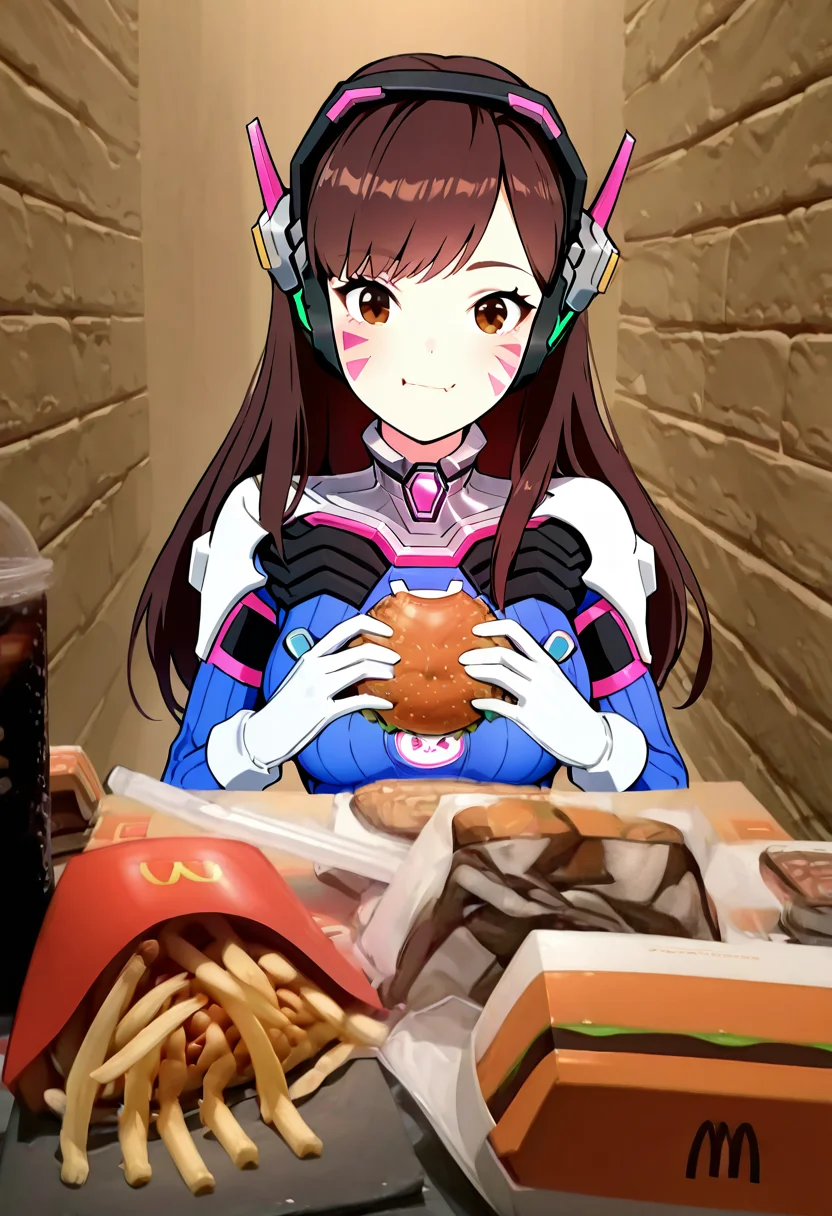 masterpiece, best quality, 1girl, solo, eyelashes, (beautiful eyes), McD4t3, long hair, breasts, looking at viewer, smile, bangs, brown hair, gloves, long sleeves, holding, brown eyes, medium breasts, sitting, closed mouth, upper body, white gloves, signature, bodysuit, swept bangs, headphones, facial mark, eating, table, holding food, animal print, high collar, pilot suit, whisker markings, facepaint, shoulder pads, brick wall, burger, bunny print, french fries, pov across table, d.va (overwatch), ,<lora:McDate_with_2D_Waifu_IXL:1.0>,
