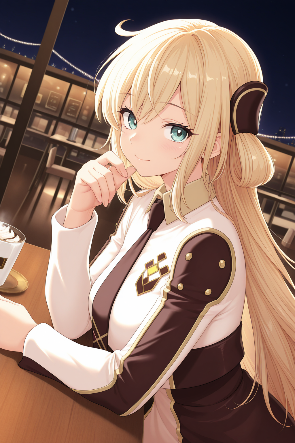 1girl, SkyStrikerAce-RayeYu-Gi-Oh, 
general, solo, perspective, dutch angle, from side, upper body,
long hair, blonde hair, eyelashes,
breasts,
hair ornament,
collared dress, black necktie, two-tone dress, 
long sleeves,
dating, looking at viewer, holding cup,
night, cafe, table,
<lora:kp_SkyStrikerAce-RayeYu-Gi-OhIllustrious_v1_0:1.0>,
masterpiece, best quality, amazing quality