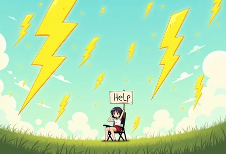 Anime style. A girl is sitting in a folding chair in a large grassy field. She holds a sign that says "Help" She looks very nervous.
Around her, massive yellow lightning bolt shaped objects are falling from the sky. Several have landed. They smash into the ground around her, penetrating dreep, sending debris flying, but all missing her.
Dramatic speed lines show the violence of the impacts.