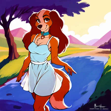 score_9,score_8_up,score_7_up,score_6_up,score_5_up, \(ladyandthetramp\), <lora:LadyPny:0.6>, (rating safe),(source furry), anthro, furry female, outside, sundress, field, anime style, detailed fur, <lora:PDXL_artist_tags_v2_big:1>, by meesh, anthro cocker spaniel, collar, by inu-sama, looking at viewer, medium breasts, walking