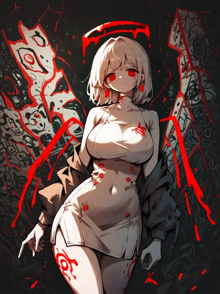 score_9, score_8_up, score_7_up, score_6_up, score_5_up, <lora:UmaiXLP:0.8> umai, spot color, abstract, red eyes, halo, 1girl, curvy, large breasts,