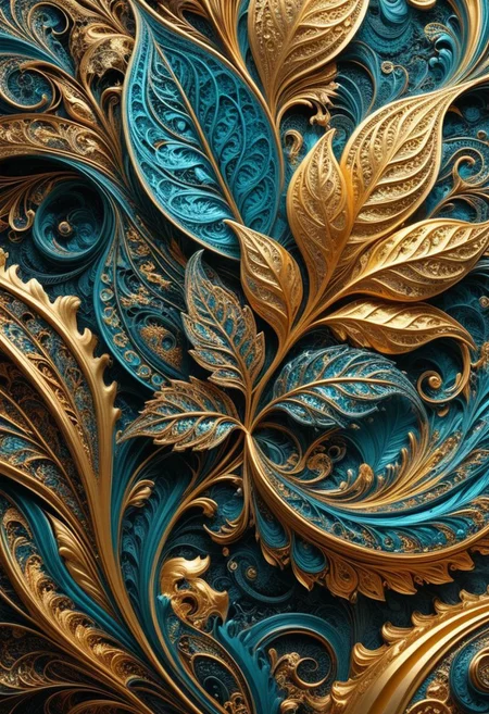 photo of a paisley pattern, boteh, paisley, teal blue, shining gold leaf, almond, entwined paislies, official art, aesthetic, dynamic angle, hyper detailed, order and chaos, vibrant colors, high contrast, (extremely detailed, intricate details, masterpiece, best quality, 8k wallpaper:1.4), dramatic lighting, (dark teal and gold palette:1.2), twisting paisley