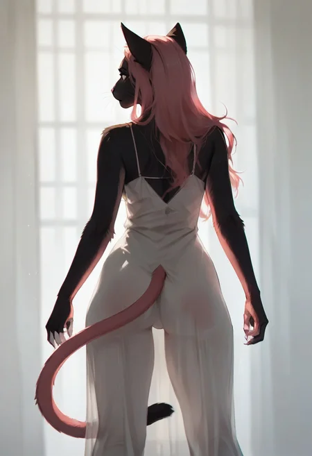 score_9, score_8_up, score_7_up, score_6_up, score_5_up, wtsstadamit, silhouette, dress, 1girl, furry, anthro cat, cat ears, cat tail, fur, fur covered, long hair, curvy, thick thighs, see-through, pink hair, grey eyes, from behind,