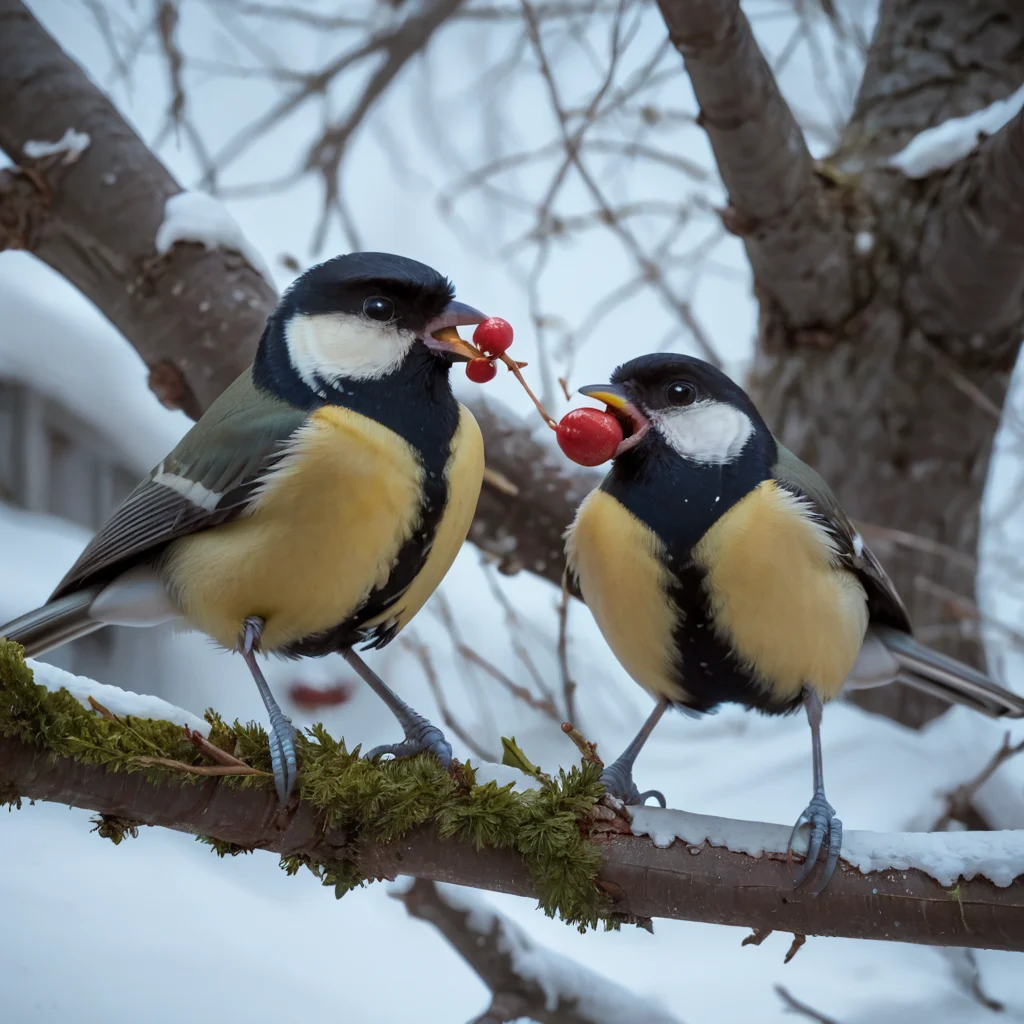 score_9, score_8, score_8_up, parusmajor, best quality, <lora:Great_Tits:1>, 2 birds, (pair of tits, food in beak, feeding), (cranberry:0.2), best quality, tree, perched, branch, winter, snow