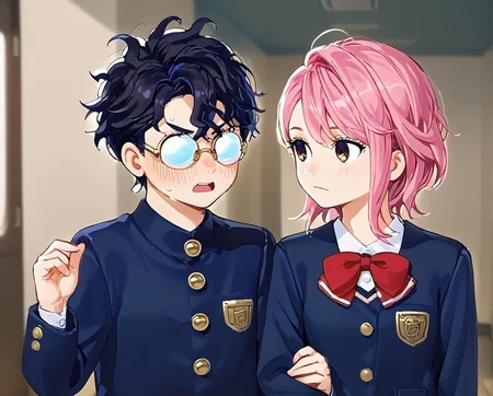 score_9,score_8_up,score_7_up,masterpiece, best quality, <lora:WHM 0.2v:0.5>, WHM, 2D,anime,  
 locked arms, looking at another,
<lora:Locked_Arms:1>,
school,indoors, 
BREAK
 locked arms, looking at another,  from side, sweat, sweatdrop, 
(surprised, shy,embarrassed), open mouth,   upper teeth only,  v-shaped eyebrows, angry, hand on head, 
opaque glasses, <lora:Opaque_glasses_r1:1.5>
  <lora:okarun_pony:0.8> 1boy, okarun, black hair, curly hair, (glasses), short hair, shoes, long sleeves, 
 gold buttons,
(black gakuran),  
BREAK
 locked arms, looking at another,arm down,
 <lora:shiratori_aira_pony:0.8>, shiratori aira dandadan, short hair, pink hair, brown eyes, school uniform, red bow, skirt, sleeves past wrists,