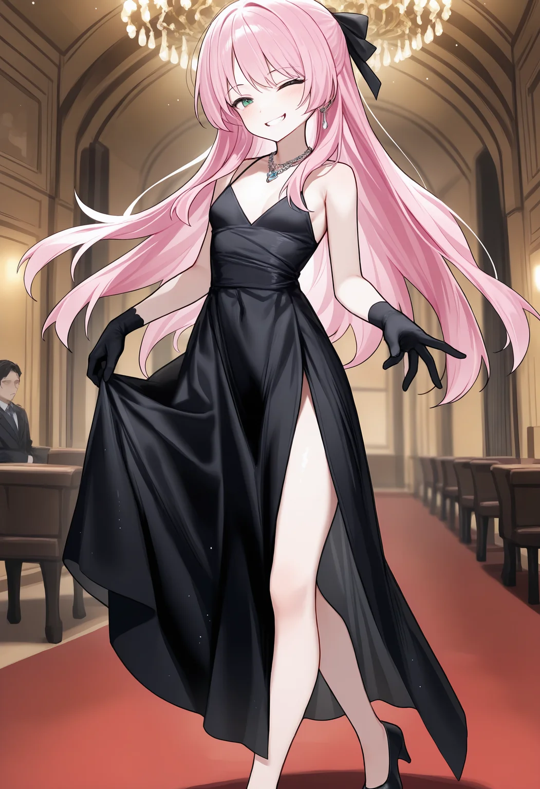 ,,<lora:Huu_Style_nbvp1.0.safetensors:0.95:0.95>,chihaya anon,small breasts,fang,blush,;d,grin,1girl,solo,long_hair,hair_ribbon,illustration,formal_wear,evening_gown,black_dress,black_evening_gown,long_dress,sleeveless_dress,jewelry,necklace,earrings,evening_gloves,black_gloves,high_heels,looking_at_viewer,elegant_smile,indoors,ballroom,chandelier,,masterpiece,best quality,newest,absurdres,highres,very awa,detail background <lora:None:0.4000000000000001>