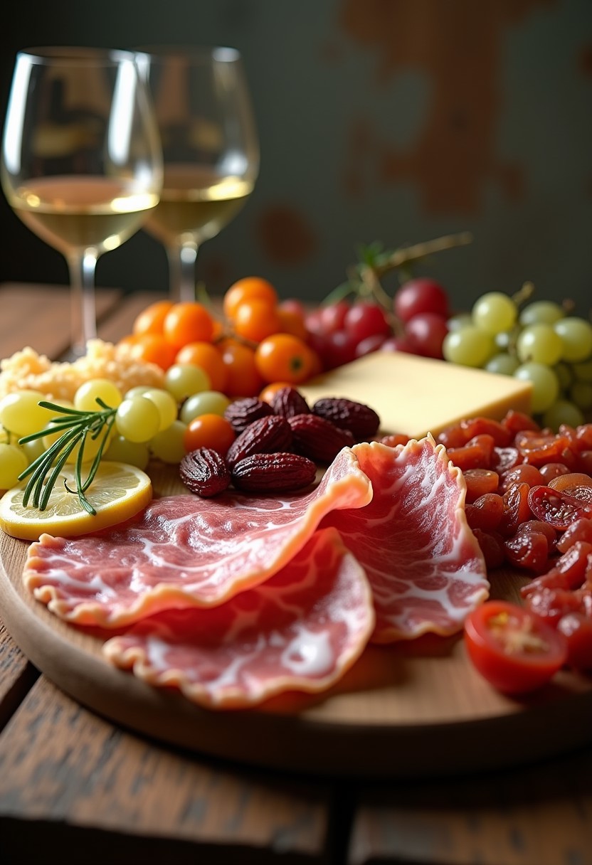 FIRST - A fancy Charcuterie board, beautiful, mouthwatering cold cuts, cured meats, various types of cheese, grapes, sundried tomatoes, a couple of glasses of white wine on the table, dynamic angle, relaxing atmosphere,
Photorealistic, Highly detailed, masterpiece, 4k, high resulution, great lighting, depth of field,