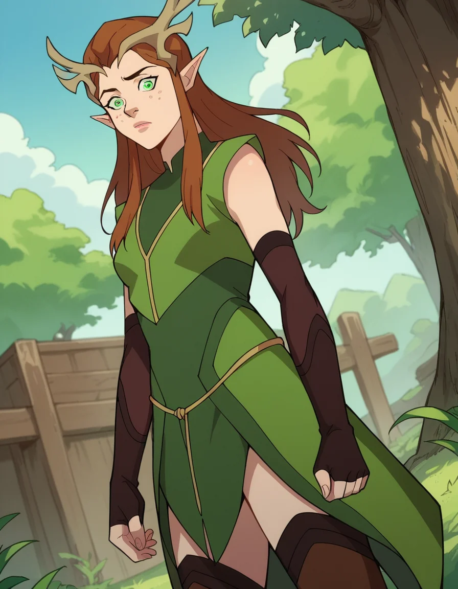 score_9, score_8_up, score_7_up, source_anime,
keyleth, <lora:keyleth-ponyxl-lora-nochekaiser:1>,
keyleth, long hair, brown hair, green eyes, pointy ears, elf, antlers, freckles,
thighhighs, gloves, boots, fingerless gloves, thigh boots, brown footwear, green dress,
outdoors, nature,
looking at viewer, dutch angle, cowboy shot,