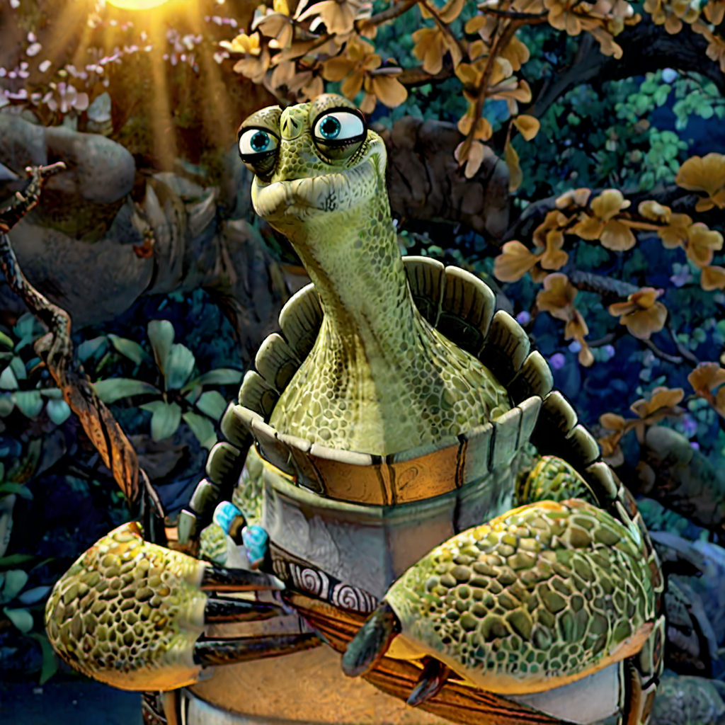 Oogway1024, a kungfu-master turtle, jungle, river, mystical athmosphere, detailed eyes, highly detailed, photography, ultra sharp, film, bokeh, professional, 4k <lora:lcm_lora_sdxl:1> <lora:Oogway1024:0.8>