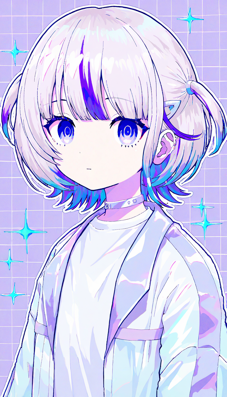 masterpiece, best quality, good quality, very awa, firedotinc, 1girl, solo, todoroki hajime, hololive, virtual youtuber, todoroki hajime (1st costume), purple background, white outline, thick outlines, white theme, film grain, sparkle, grid background, white grid, surreal, empty eyes, muted color, pale color,