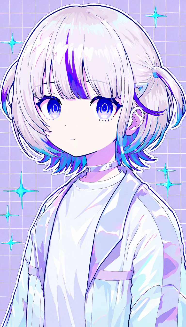 masterpiece, best quality, good quality, very awa, firedotinc, 1girl, solo, todoroki hajime, hololive, virtual youtuber, todoroki hajime (1st costume), purple background, white outline, thick outlines, white theme, film grain, sparkle, grid background, white grid, surreal, empty eyes, muted color, pale color,