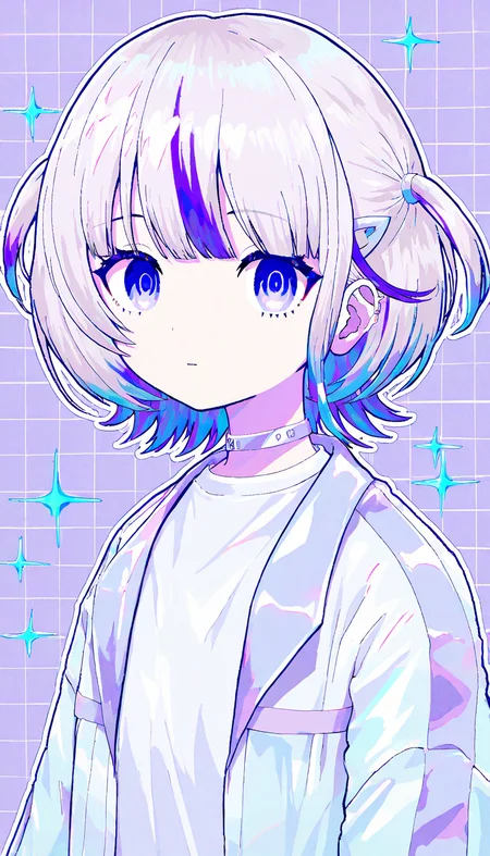 masterpiece, best quality, good quality, very awa, firedotinc, 1girl, solo, todoroki hajime, hololive, virtual youtuber, todoroki hajime (1st costume), purple background, white outline, thick outlines, white theme, film grain, sparkle, grid background, white grid, surreal, empty eyes, muted color, pale color,