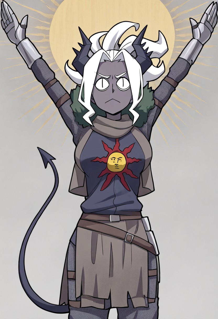 masterpiece, best quality, newest, absurdres, highres,  anime, anime style, PraiseTS-V1.0, \o/,  outstretched arms, praise the sun,  arms up, 1girl, judgement \(helltaker\), grey skin, grey colored skin, dark skin, demon girl, demon tail, demon horns, horns, SOA-ARMOR-V1.0, armor, sun symbol, chainmail, full armor,