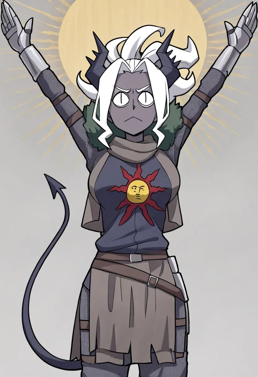 masterpiece, best quality, newest, absurdres, highres, anime, anime style, PraiseTS-V1.0, \o/, outstretched arms, praise the sun, arms up, 1girl, judgement \(helltaker\), grey skin, grey colored skin, dark skin, demon girl, demon tail, demon horns, horns, SOA-ARMOR-V1.0, armor, sun symbol, chainmail, full armor,