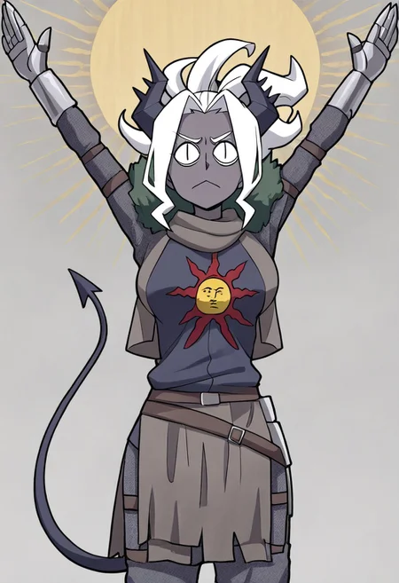 masterpiece, best quality, newest, absurdres, highres, anime, anime style, PraiseTS-V1.0, \o/, outstretched arms, praise the sun, arms up, 1girl, judgement \(helltaker\), grey skin, grey colored skin, dark skin, demon girl, demon tail, demon horns, horns, SOA-ARMOR-V1.0, armor, sun symbol, chainmail, full armor,