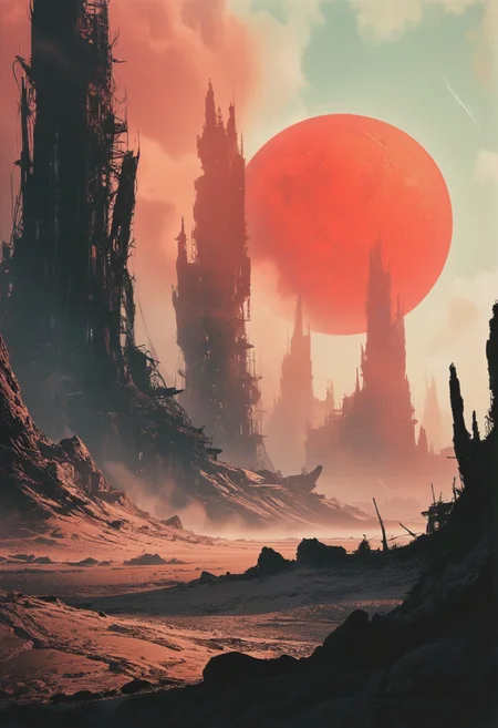 Monochrome with color accents, retro scan of 80s-anime-ai spectral neon gradient, a hauntingly dystopian 80s sci-fi aesthetic. Dark space tones, lofi retro-futuristic design, neon-pastel colors, grainy, vintage.
A digital painting in the style of ck-js, Zelda-inspired towering solar sails amidst a barren wasteland. Colossal, weathered solar sails rise like skyscrapers into a pale, crimson sky, some fully extended to capture the dwindling energy of the sun, while others hang tattered and broken, their massive frames exposed to the elements. Beneath the sails lies a desolate desert of cracked, arid earth, littered with remnants of abandoned structures—a translucent, decaying plastic mansion and glowing observation towers emitting faint neon hues of pink, green, and blue.
The horizon is muted gray and beige, with swirling sand clouds that catch the dim light of a fractured, dystopian sun. The composition is cinematic, with volumetric lighting and a dusty atmosphere, soft shadows, and a shallow depth of field. Film grain adds a vintage, National Geographic-style texture to the scene, evoking both wonder and despair in this hyper-detailed, hyper-realistic masterpiece. The overall atmosphere captures the melancholic beauty of humanity’s once-grand technological ambitions now left to decay.