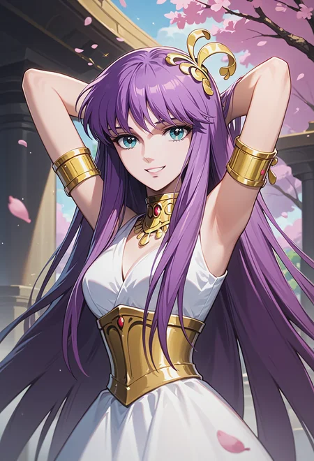 score_9, score_8_up, score_7_up, best quality, intricate details, source anime BREAK masterpiece,
<lora:SaoriKido_Pony_v11-12:1> athenakido, purple hair, aqua eyes, sleeveless dress, athena_accessories, armlet,
smile, headshot, Placing hands behind head,
serene courtyard with cherry blossom trees in bloom,