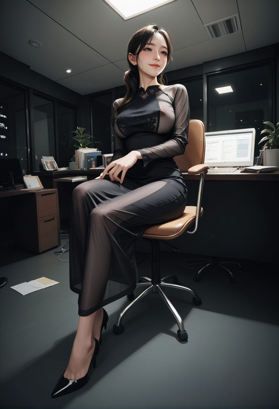 1girl,,ruanyi0926,black dress,long sleeves,side perspective,long skirt,see-through,covered nipples,taut dress,
cowboy shot,
,ruanyi0922,indoors,office,night,
sitting,chair,stiletto heels,<lora:0926 Home wear 7_v1_pony:0.7>,<lora:0922 office_v1_pony:0.8>, score_9, score_8_up, score_7_up, score_6_up, score_9, score_8_up, score_7_up, score_6_up source_anime, blush, 1girl, seduce smile, perfect body , natural huge breasts