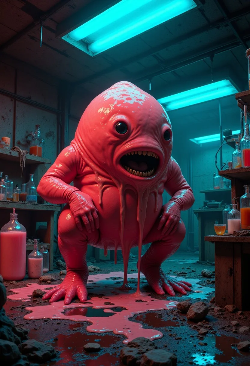 A weird blob creature in a chemical sci-fi lab, dripping fluorescent fluids, detailed background