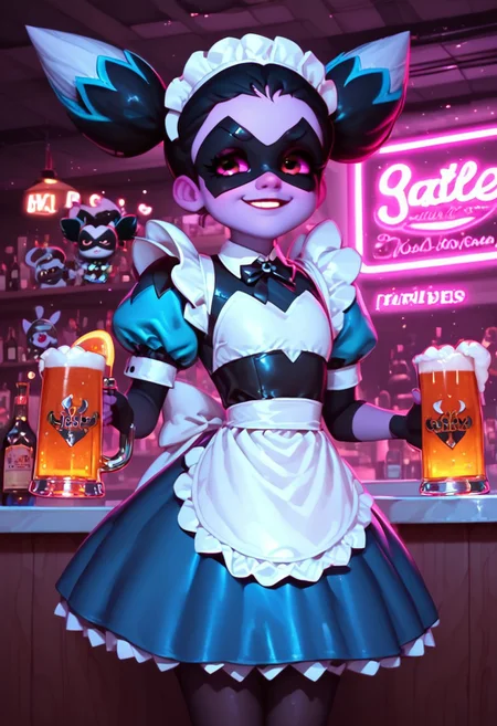 score_9, score_8_up, score_7_up, score_6_up, (g0th1c, glowing, neon lights), high quality, morimee_style, cute face, Expressiveh, 1girl l, solo, (Puppeteer, short female, purple skin, colored skin, pink sclera, colored sclera, golden-brown eyes, black hair,hair pulled back into two ponytails, white hair, light blue hair, multicolored hair, two ponytails, two upper front buck teeth,, flat chest, (((, maid dress, , maid headdress, mask, domino mask, blue dress, black edges on dress, shoulder pads, puff sleeves, two points at the skirt top, black fingerless gloves, black pantyhose,))), waitress, waitress job, Tray on hand, tray, smile, happy, joyful, gigantic jar of beer, looking a view, BREAK, bar, club, drinks, alcohol bottles, chairs, tables