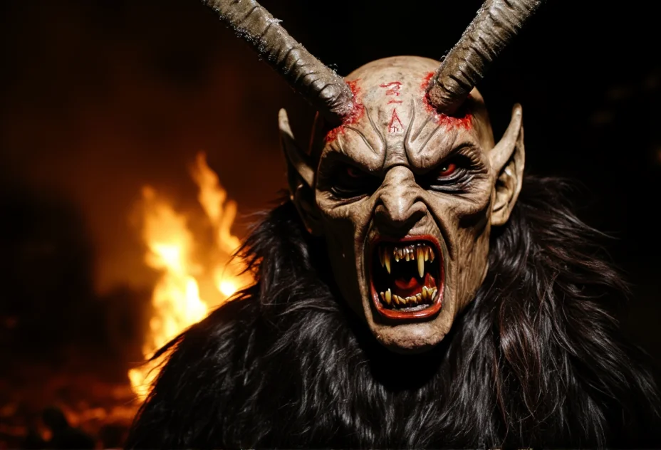 A close-up of a Krampus mask, showcasing intricate, frost-covered horns with deep shadows to enhance the menacing expression. The mask is adorned with ancient runes, creating a sinister and captivating look. The background features a faintly glowing bonfire, ensuring the mask remains the main focus, in sharp focus with crisp details.<lora:bv-krampus-v1.safetensors:1.0:1.0>