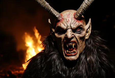 A close-up of a Krampus mask, showcasing intricate, frost-covered horns with deep shadows to enhance the menacing expression. The mask is adorned with ancient runes, creating a sinister and captivating look. The background features a faintly glowing bonfire, ensuring the mask remains the main focus, in sharp focus with crisp details.<lora:bv-krampus-v1.safetensors:1.0:1.0>