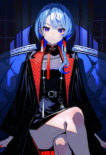 by lack, by fuzichoco, by lam, by kinta \(distortion\),
hoshimachi suisei, hoshimachi suisei \(oriental suit\), 1girl, virtual youtuber, blue eyes, crossed legs, looking at viewer, jewelry, symbol in eye, official alternate costume, black belt, black jacket, black dress, star \(symbol\), open clothes, multicolored hair,
indoors, window shade, dark, high contrast, spot color, monochrome,
masterpiece, best quality, very aesthetic, absurdres
<lora:illustrious_noobai_epsilon_pred_1_masterpieces_v1:1>