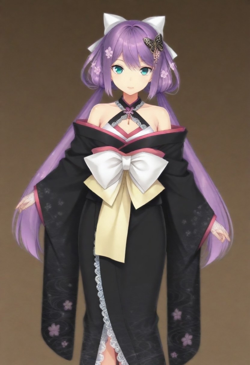 masterpiece, best quality, amazing quality,,, shiny skin,,,,,,,,nijiritsuki,,green eye,purple hair,makeup,long hair,low twintails,butterfly ornament,hair bow,white bow,hair flower,nijiritsukicos,black kimono,floral print kimono,frill-trimmed kimono,lace-trimmed kimono,off shoulder,bare shoulder,x-cross halterneck,long sleeves,wide sleeves,long skirt,obi,sash,waist bow,long bow,white lace gloves,long gloves,fingerless gloves,
