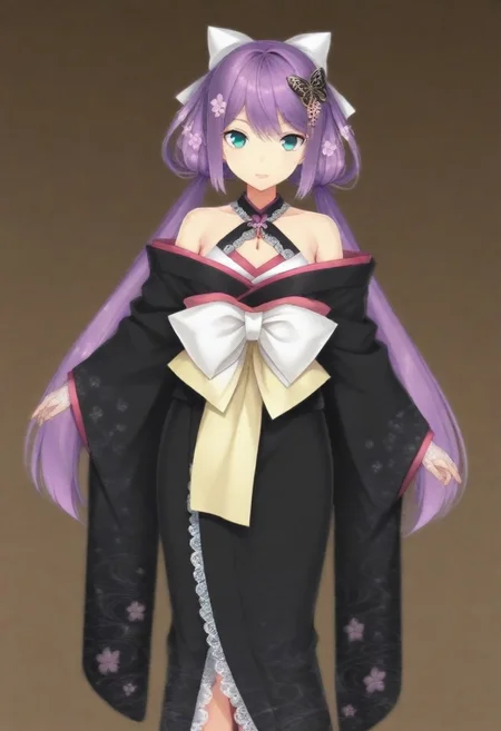 masterpiece, best quality, amazing quality,,, shiny skin,,,,,,,,nijiritsuki,,green eye,purple hair,makeup,long hair,low twintails,butterfly ornament,hair bow,white bow,hair flower,nijiritsukicos,black kimono,floral print kimono,frill-trimmed kimono,lace-trimmed kimono,off shoulder,bare shoulder,x-cross halterneck,long sleeves,wide sleeves,long skirt,obi,sash,waist bow,long bow,white lace gloves,long gloves,fingerless gloves,