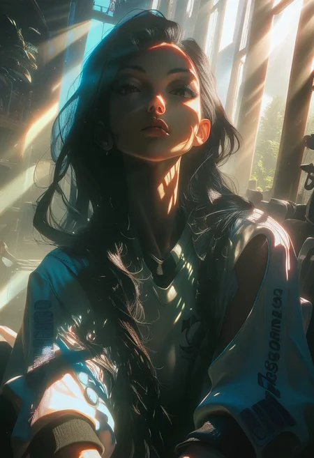 score_9, score_8_up, score_7_up, score_6_up, GLSHS, detailed drawing, 1girl, solo, asian, black long hair, sportswear, in photo studio, partially illuminated, light rays, dramatic lighting, night,
