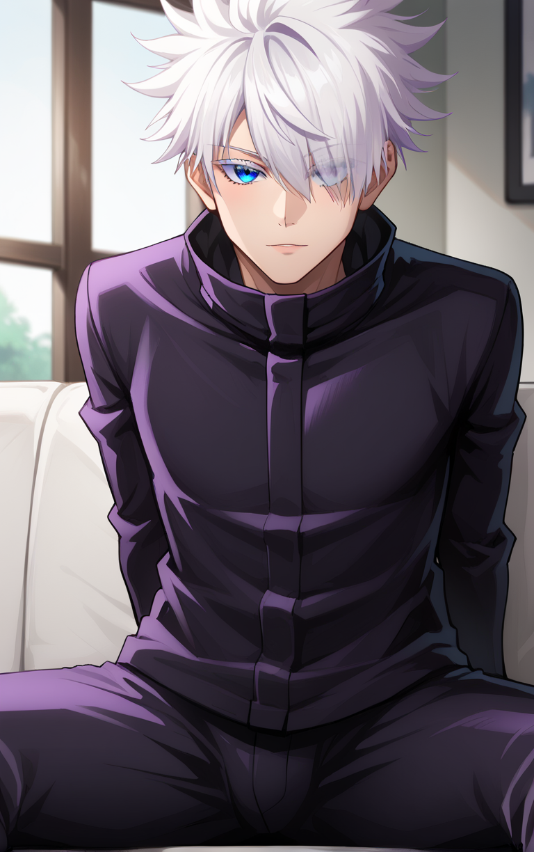 score_9, score_8_up, score_7_up, score_6_up,  solo, looking at viewer, BREAK
NoMaskedWhitehair_GojouSatoru_ownwaifu,
1boy, gojou satoru, male focus, white hair, short hair, bangs, blue eyes, hair between eyes, colored eyelashes, hair over one eye, spiked hair, 
high collar, black jacket, long sleeves, black pants, 
(sitting, spread legs), arms behind back, couch, window shade, indoors, <lora:PONYXL_JujutsuKaisen_GojouSatoru_ownwaifu:0.95> , depth of field 
,