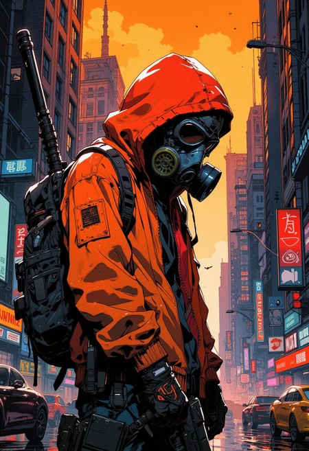 A cyberpunk-style woman in an orange and red hoodie with a black backpack, wearing a gas mask, aiming a futuristic rifle, street of a big city, with skyscrapers in the background, orange rain clouds, in the style of cyberpunk art, digital art, high resolution, best quality, cinematic lighting, hyper-realistic, hyper-detailed