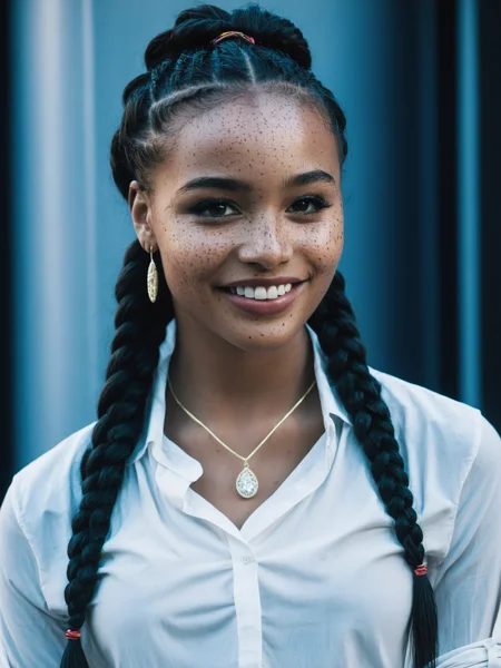 score_9, score_8_up, score_8, 1girl, 25 years old, expressive, black skin, flirtatious look, perfect face, smile, with freckles, make up, long braids, blank flat shirt with long sleeve, shirt col-V, with a necklace, on a street, in front of a cinema theater's neon light, close-up portrait, high contrast, canon 5D Mark IV, photography <lora:SdXL_better freckles_epoch_16:1> <lora:XDetail_heavy:1>
