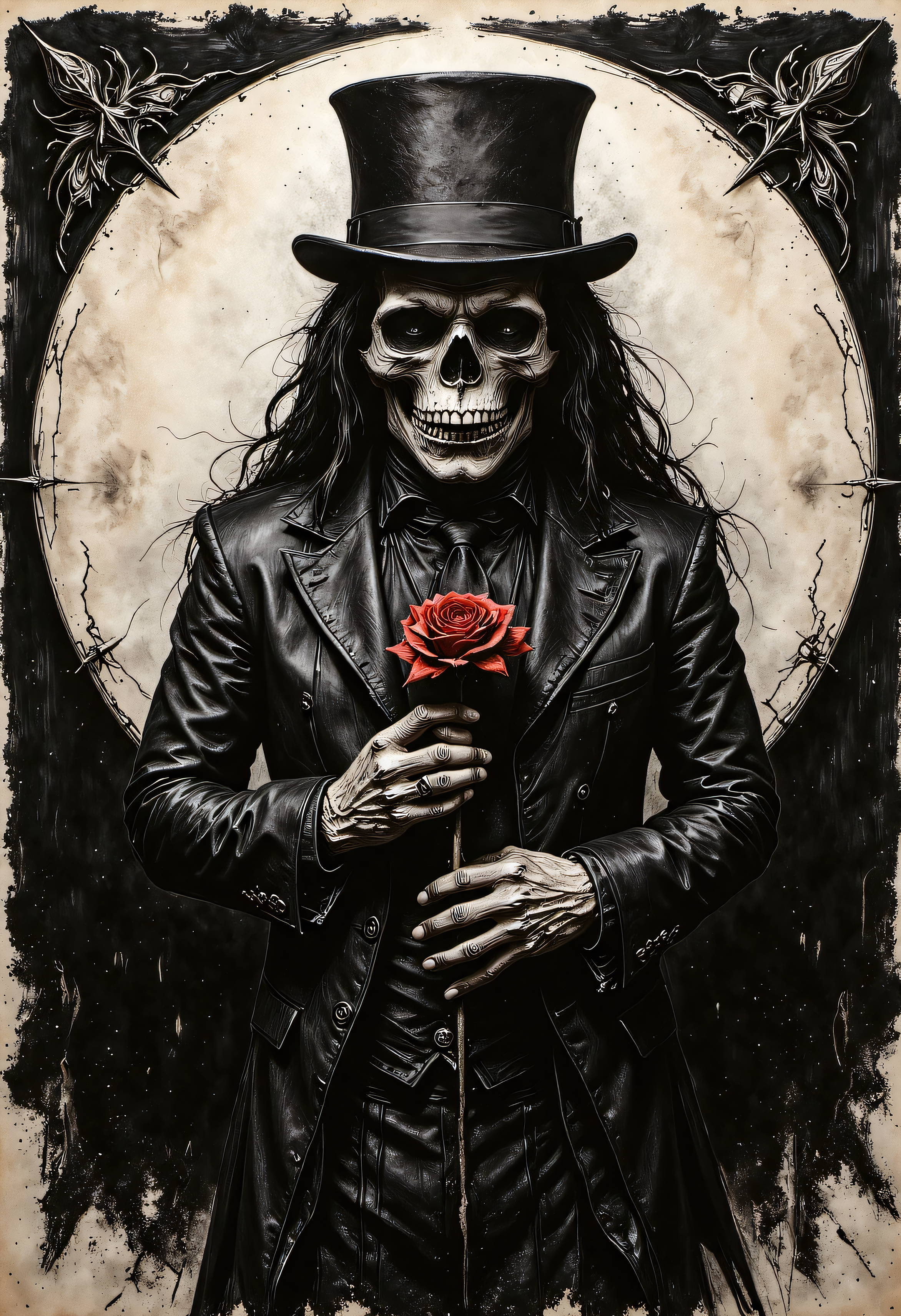 devast8,rbcharcoal,visually stunning magical energy in a vacuum, "long haired Skeleton in a Tophat holding a red rose" by Clive Barker,expressive, emotional