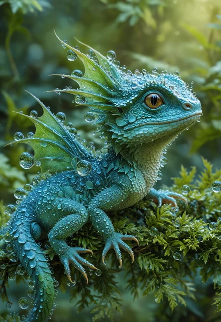 A detailed scene, an enchanting baby water dragon, covered in glistening water droplets, The dragon has an ethereal appearance with translucent scales that reflect a soft blue-green hue, its delicate fin-like structures along its back and head, mystical look, The dragon is perched on vibrant green foliage, contrasts beautifully, aquatic features, The background is softly blurred, dragon's intricate details and magical look, serene atmosphere, <lora:MJ52:0.4>