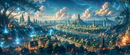 ((anime)), (colorful trees), edge of a cliff, holiday, (elvish countryside), metropolitan cities, residential, playgrounds, indus valley, <lora:Thai_temple:0.2> (borobudur temple, heavenly aura), <lora:XSArchi_127:0.4> scenery, boats, <lora:TempestMagic:0.5> tempestmagic, water, <lora:CosmicLandscapes:0.2> cosmiclandscapes, river, sun, forest, <lora:to8contrast-1-5:0.8> bright shot, colorful anime, to8contrast, fantasy