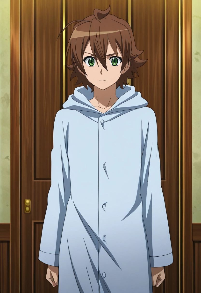 masterpiece, best quality, anime screencap, official style, anime coloring, cowboy shot, 1boy, solo, male focus, <lora:tatsumi_akame_ga_kill_ilxl:0.96>, tatsumi_akame_ga_kill, brown hair, green eyes, short hair, hair between eyes, ahoge, , convict costume