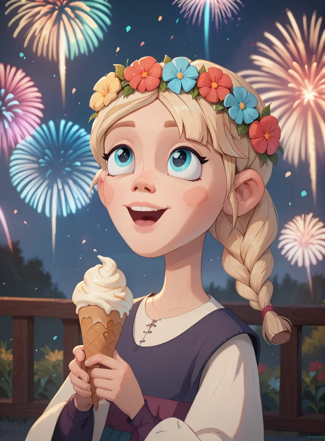 score_9, score_8_up, score_7_up, 1girl, solo, frosya, happy, holding ice cream cone, fireworks, particles, magical atmosphere, reflection in eyes, head wreath, flower wreath, looking up, night, dark, vibrant, detailed, <lora:mlnc_girls_pxl_v1.5_p:0.8>