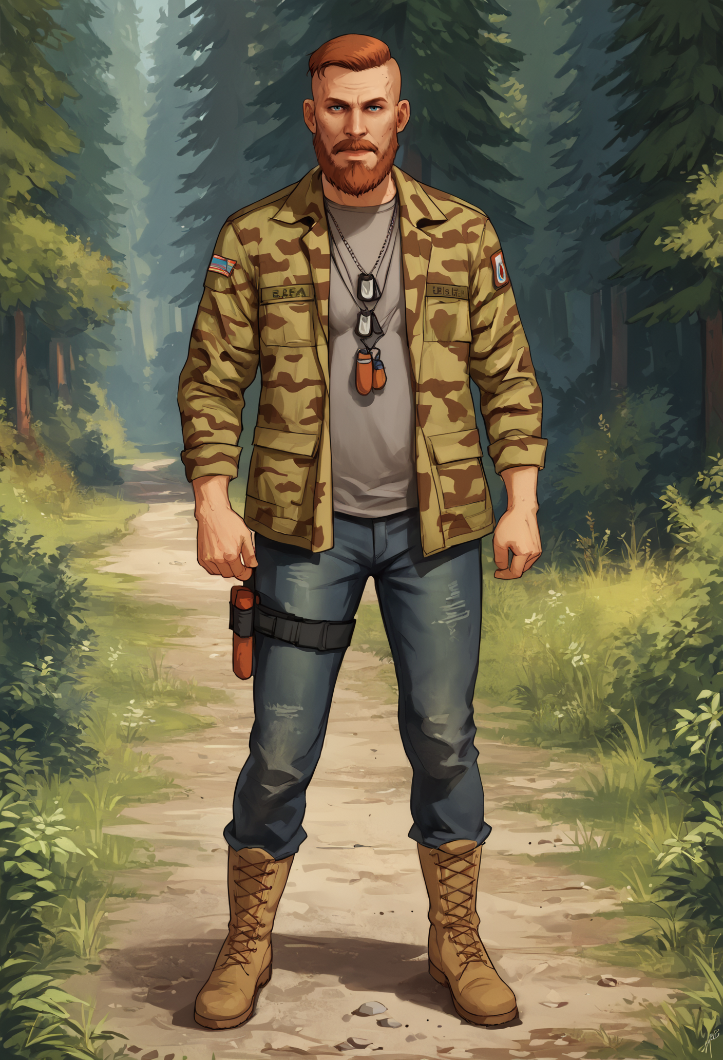 score_9, score_8_up, score_7_up, BREAK 1boy, solo, mature male, looking at viewer, full body, muscular,
beard, mustache, blue eyes, short hair, undercut, camouflage jacket, jeans, thigh strap, boots, dog tags, necklace,
standing, grey shirt,
outdoors, forest path, sunny, <lora:Jacob_Seed_2:1>