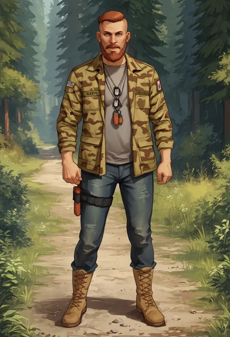 score_9, score_8_up, score_7_up, BREAK 1boy, solo, mature male, looking at viewer, full body, muscular,
beard, mustache, blue eyes, short hair, undercut, camouflage jacket, jeans, thigh strap, boots, dog tags, necklace,
standing, grey shirt,
outdoors, forest path, sunny, <lora:Jacob_Seed_2:1>