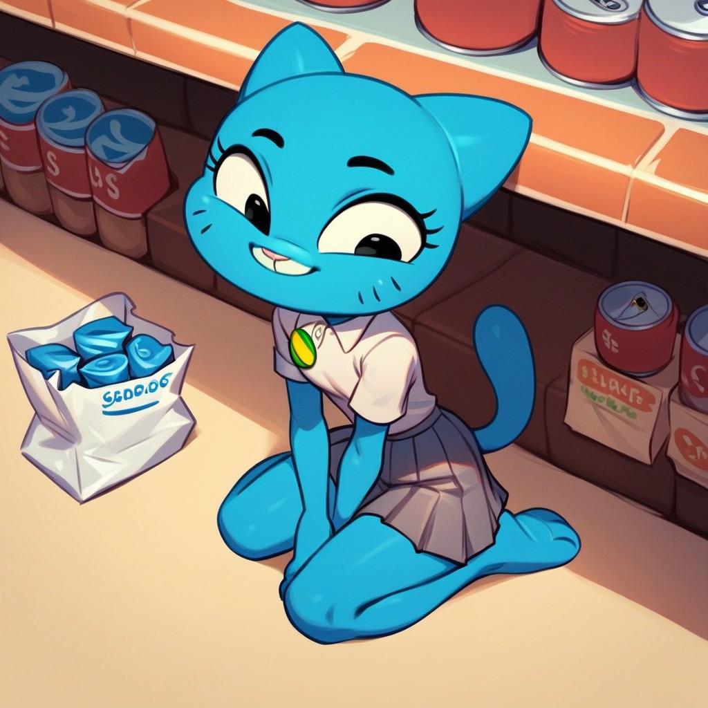 score_9, score_8_up, score_7_up, score_6_up, score_5_up, score_4_up, Nicole Watterson, 1girl, solo, slim, blue skin, blue cat ears, blue tail, badge, white shirt, pleated skirt, no shoes, cat_paw, shop, kneeling, food_can in hand, bags, smile, crowd 