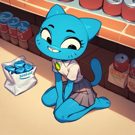 score_9, score_8_up, score_7_up, score_6_up, score_5_up, score_4_up, Nicole Watterson, 1girl, solo, slim, blue skin, blue cat ears, blue tail, badge, white shirt, pleated skirt, no shoes, cat_paw, shop, kneeling, food_can in hand, bags, smile, crowd