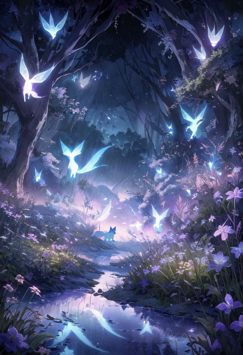 haunted meadow, late night, silver moonbeams, ethereal mists, spirit foxes, delicate flora, reflective stream, vanishing paths, mystical creatures, shadowed landscape, intricate grasses, soft gray and lilac, haze, complex background, glowing elements, serene mystery