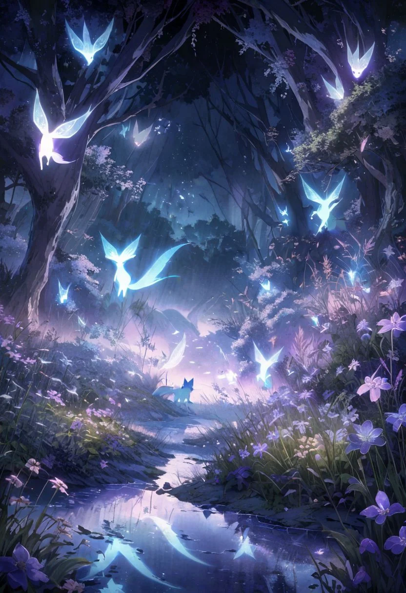 haunted meadow, late night, silver moonbeams, ethereal mists, spirit foxes, delicate flora, reflective stream, vanishing paths, mystical creatures, shadowed landscape, intricate grasses, soft gray and lilac, haze, complex background, glowing elements, serene mystery