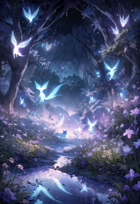 haunted meadow, late night, silver moonbeams, ethereal mists, spirit foxes, delicate flora, reflective stream, vanishing paths, mystical creatures, shadowed landscape, intricate grasses, soft gray and lilac, haze, complex background, glowing elements, serene mystery