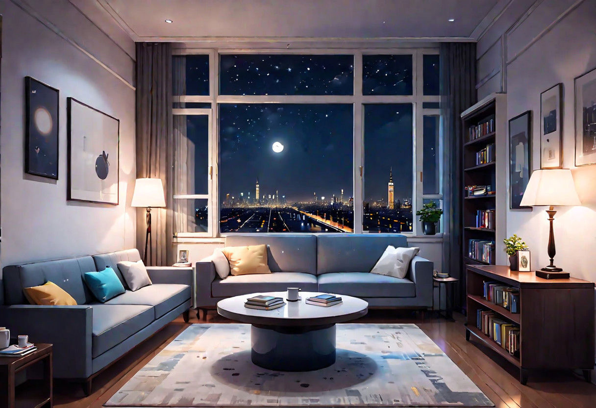 ((front view)), Shallow scene, ((animation style)), modern-style interior, with white walls, (large windows), a  study, Sofa, coffee table, bookcase, single wall, (gloomy room), Turn off the indoor lights and turn on only the desk lamp, quiet and mysterious night sky, starry sky, moonlight, city night view, (City high-rise building scenery), (City scenery outside the window)