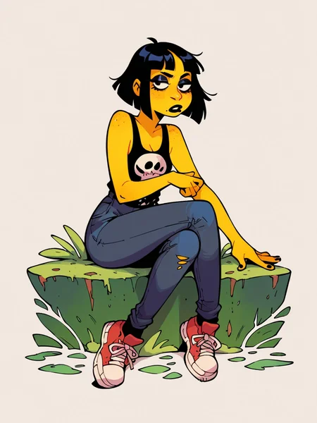 score_9, score_8_up, score_7_up, score_6_up, source_cartoon, cel shading, <lora:s1mps0nsXLP:0.7> s1mps0ns, yellow skin, full body, solo, black hair, 1girl, goth