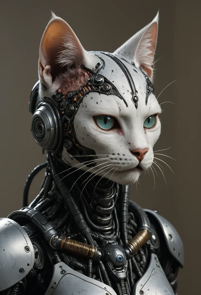 a hybrid cat warrior, connected implants, synthetic, horror setting, hyperrealistic, mobe-cybideen,